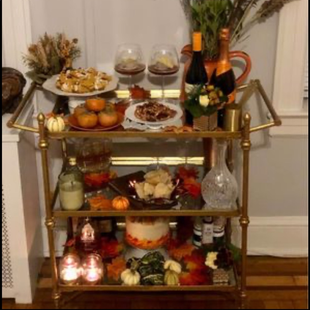 Gold framed mirror shelved 3 tier bar cart
